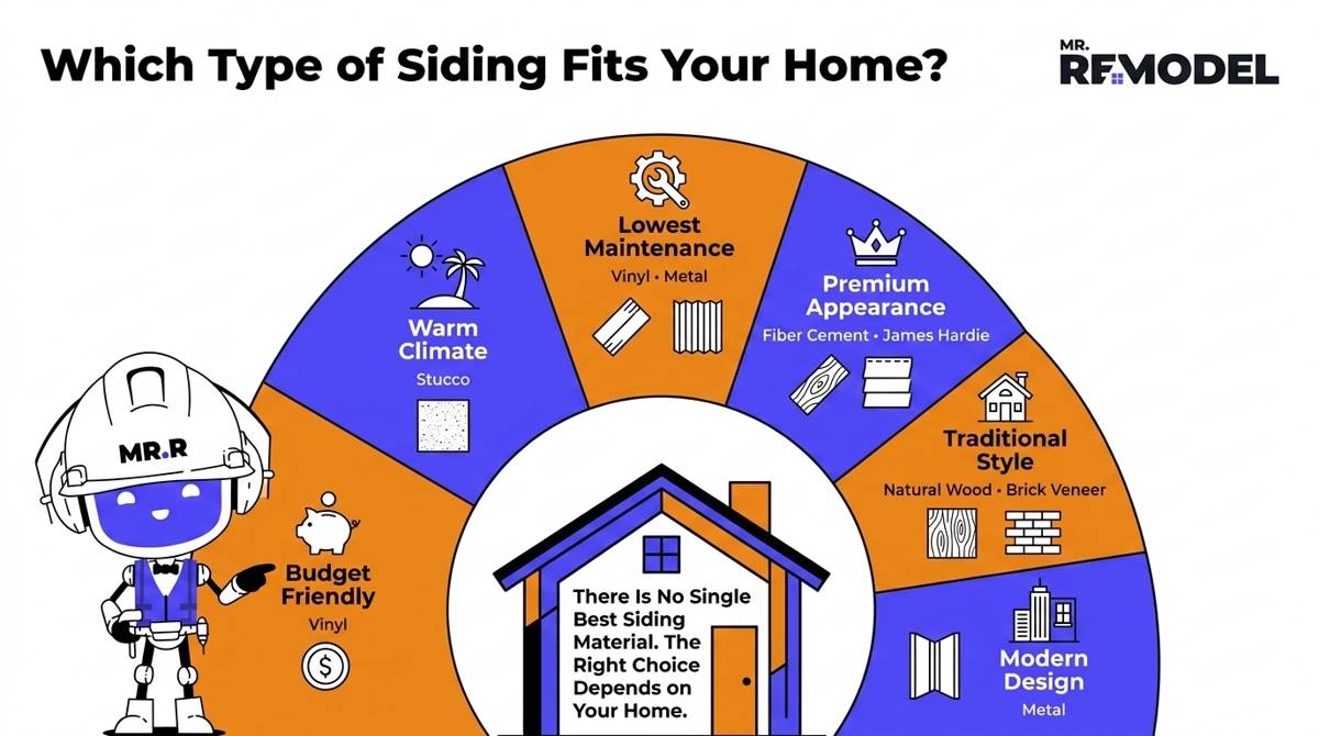Circular decision infographic matching common homeowner priorities with the siding materials that best fit those needs.